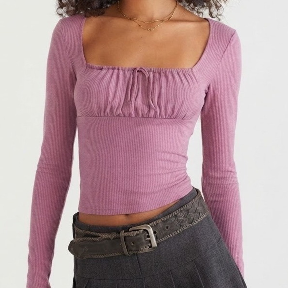 Aeropostale Women Ribbed Long Sleeve Cinched Bust Lace Trim Top Mauve Pink M Y2K